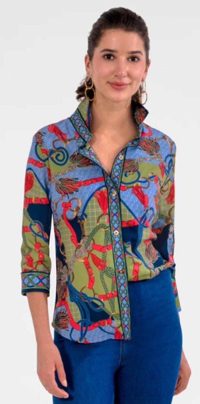 Gretchen Scott Boyfriend Shirt Ditto Chain Print Olive Red Blue Button Up XL